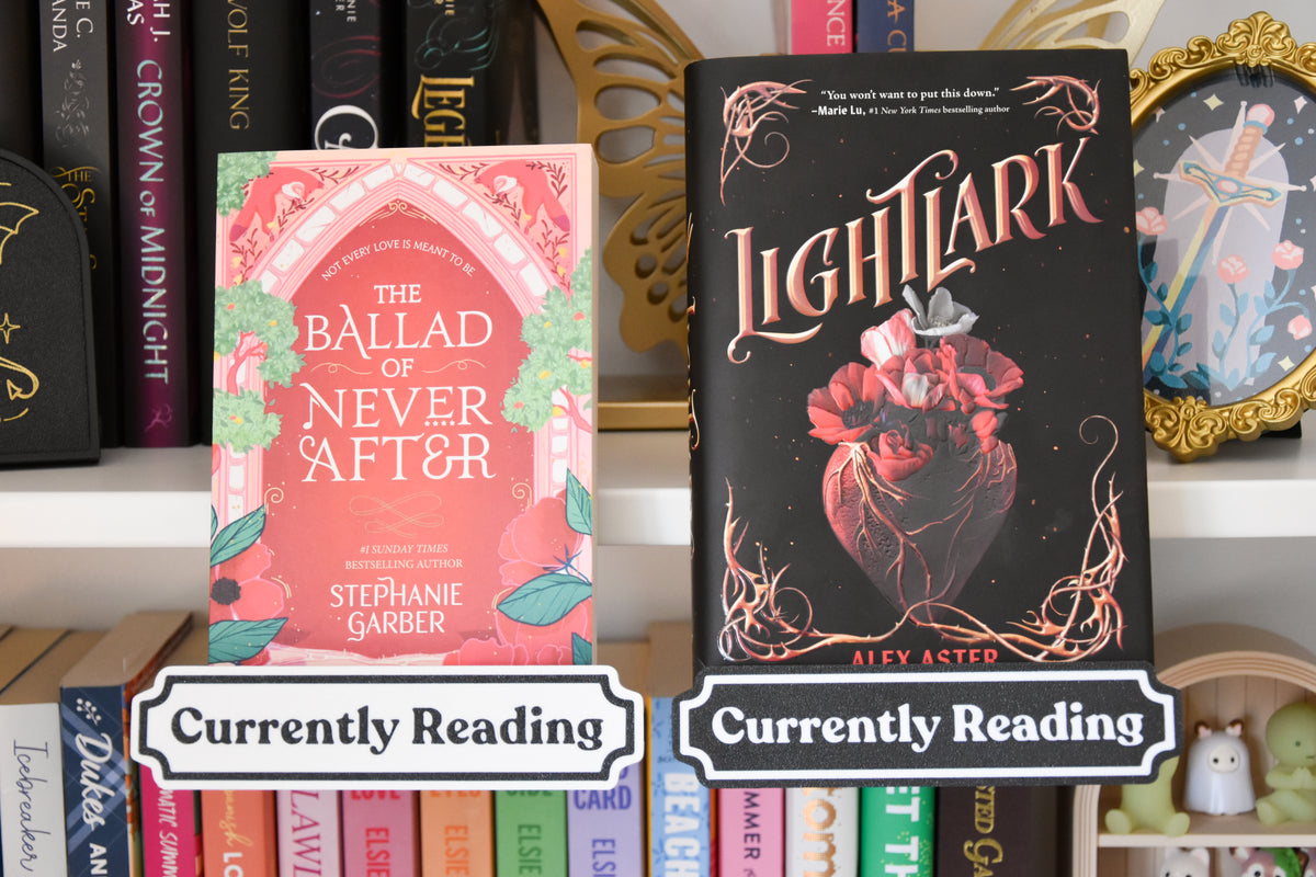 Two books displayed side by side on a bookshelf. Both have 'Currently Reading' labels overlaid at the bottom.